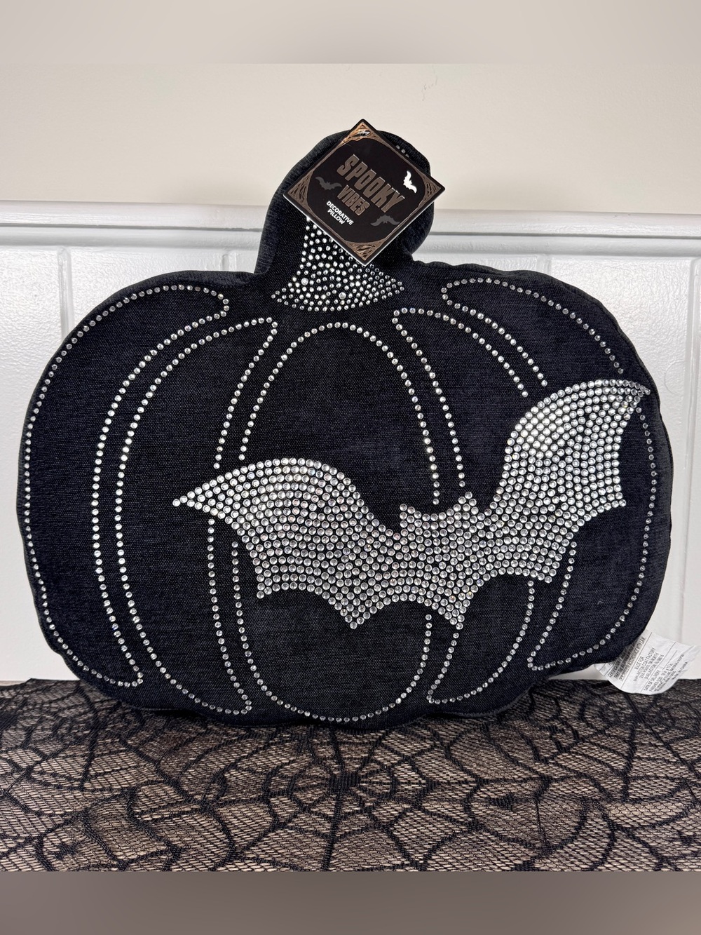NEW Spooky Vibes Rhinestone Bat and Pumpkin Halloween Pillow